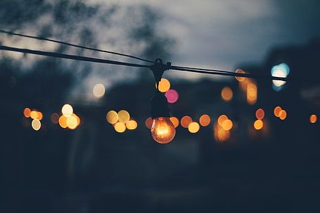 street light, bokeh, blurred, lightbulb, lights, dark, HD wallpaper HD wallpaper