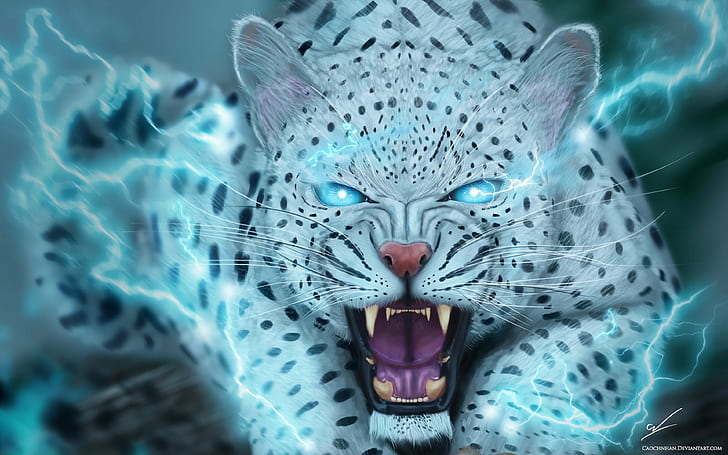 Leopard, Schneeleopard, Schneeleopard, Tiere, Grafik, digitale Kunst, Fantasiekunst, Blitz, offener Mund, große Katzen, Brüllen, HD-Hintergrundbild