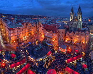 Villes, Prague, Marché de Noël, Paysage urbain, République Tchèque, Nuit, Fond d'écran HD HD wallpaper