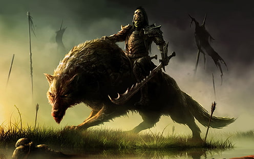 fondo de pantalla de hombre lobo a caballo monstruo, arte de fantasía, guerrero, guerra, campo de batalla, espada, orco, criatura, Fondo de pantalla HD HD wallpaper