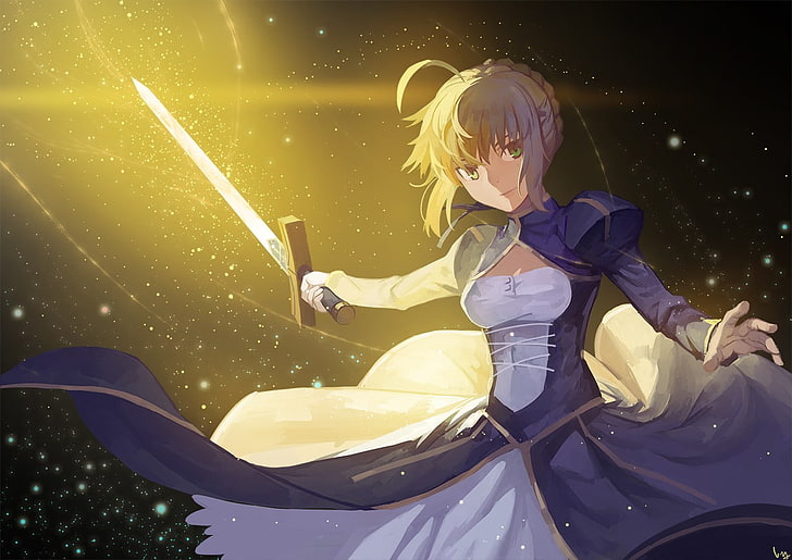 gray haired woman with sword anime character, Saber, Fate Series, sword, ahoge, HD wallpaper