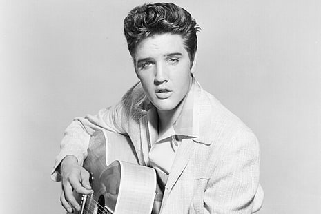 Elvis Presley, look, retrò, musica, chitarra, bianco e nero, attore, musicista, bellissimo, cantante, Rock-n-roll, Elvis Presley, Sfondo HD HD wallpaper