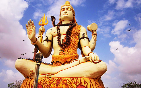 シヴァ神の大きな像と鳥、シヴァ神の像、神、シヴァ神、青、鳥、空、シヴァ神、像、 HDデスクトップの壁紙 HD wallpaper