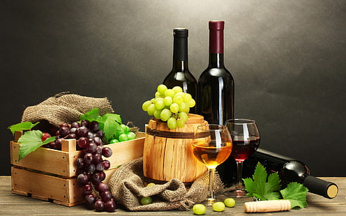 Грозде и вино, фон, грозде, плодове, алкохол, природа статични, HD тапет HD wallpaper