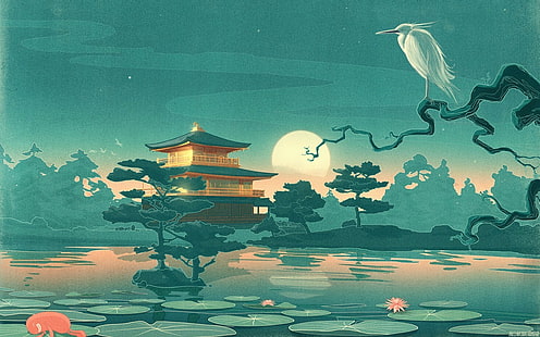 natura alberi ramo animali uccelli architettura asiatica casa luna acqua lago foglie notte stelle ninfee opere d'arte disegno giapponese foresta, Sfondo HD HD wallpaper