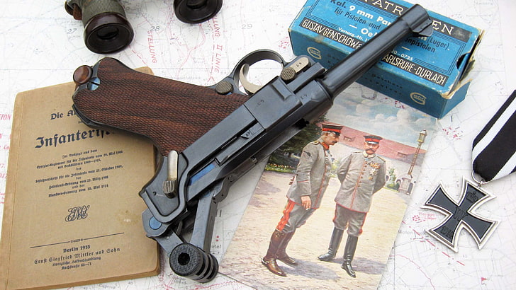 مسدس أسود ، صورة ، بندقية ، صندوق ، خريطة ، صليب ، منظار ، حديد ، بارابيلوم ، P08 ، لوغر، خلفية HD