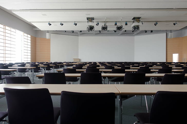 architecture, auditorium, building, business, conference room, contemporary, education, empty, furniture, interior, lecture, modern, office, projector, room, rows, tables, technology, university, windows, HD wallpaper