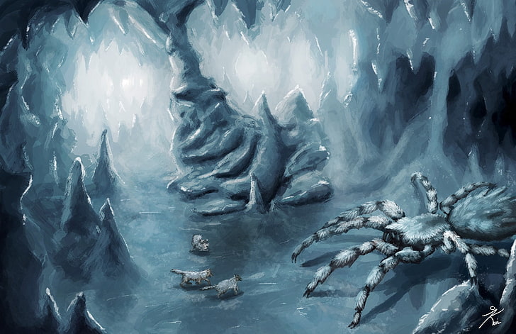 three wolves fighting spider monster painting, creature, ice, spider, giant, wolf, cave, blue, drawing, fantasy art, HD wallpaper