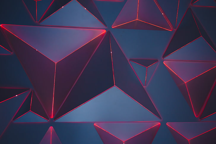 Triangles, néon, rouge, géométrique, motif, 5K, Fond d'écran HD
