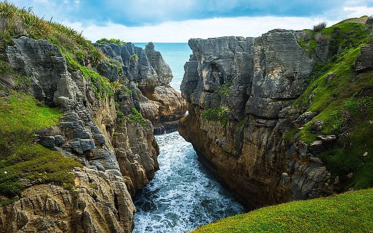 pemandangan, laut, alam, Batu Pancake, Selandia Baru, Wallpaper HD