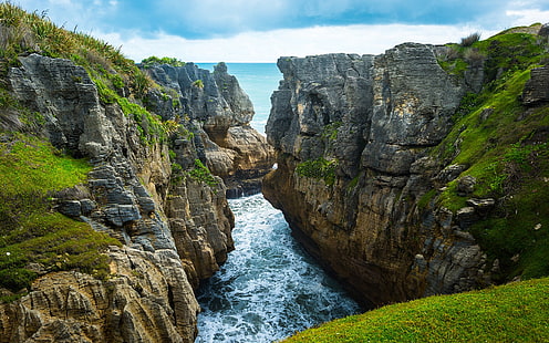 風景、海、自然、パンケーキロックス、ニュージーランド、 HDデスクトップの壁紙 HD wallpaper