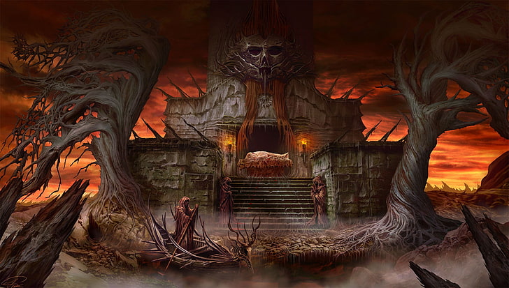 digital wallpaper, digital art, fantasy art, Grim Reaper, video games, Tormentum - Dark Sorrow, trees, mist, boat, temple, Altar, stairs, symmetry, dead trees, HD wallpaper