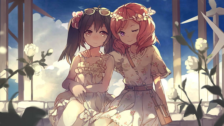 Illustration mit zwei Mädchen Anime-Charakteren, Love Live !, Anime-Mädchen, Nishikino Maki, Yazawa Nico, HD-Hintergrundbild