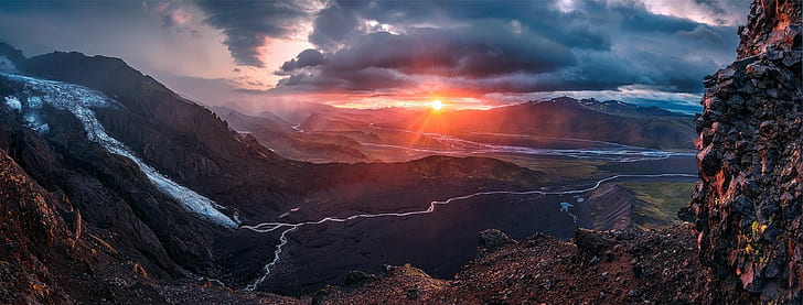 alam gunung pemandangan sungai maksimal matahari terbenam, Wallpaper HD