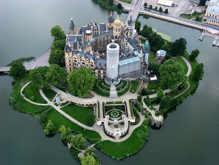 Schloss Isl, weißes und blaues Schloss, Insel, Schloss, See, uralt, Wasser, Schwerin, mittelalterlich, Stein, Tiere, HD-Hintergrundbild