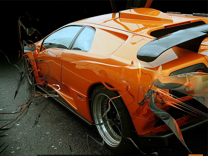 pomarańczowe coupe, samochód, abstrakcja, sztuka cyfrowa, pomarańczowe samochody, pojazd, Tapety HD