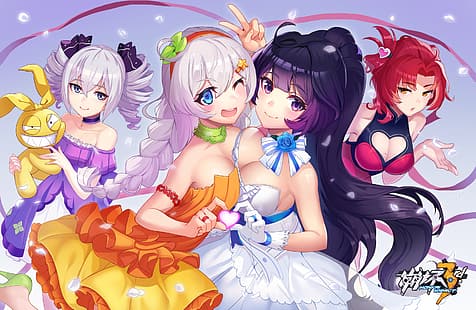  anime girls, Honkai Impact 3rd, Honkai Impact, Bronya Zaychik, Kiana Kaslana, Murata Himeko, Raiden Mei, cleavage, HD wallpaper HD wallpaper