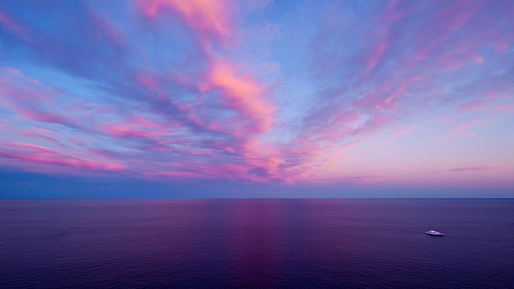 Terra, tramonto, blu, nuvola, orizzonte, oceano, rosa, mare, cielo, Sfondo HD