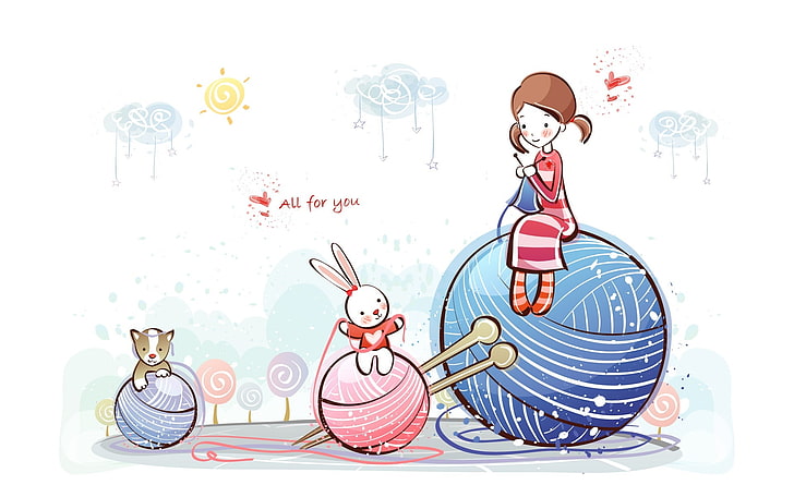 Cute Valentine Character, girl sitting on giant ball yarn clip art, Holidays, Valentine's Day, Valentine, Cute, Character, all for you, balls of wool, bunnys, HD wallpaper