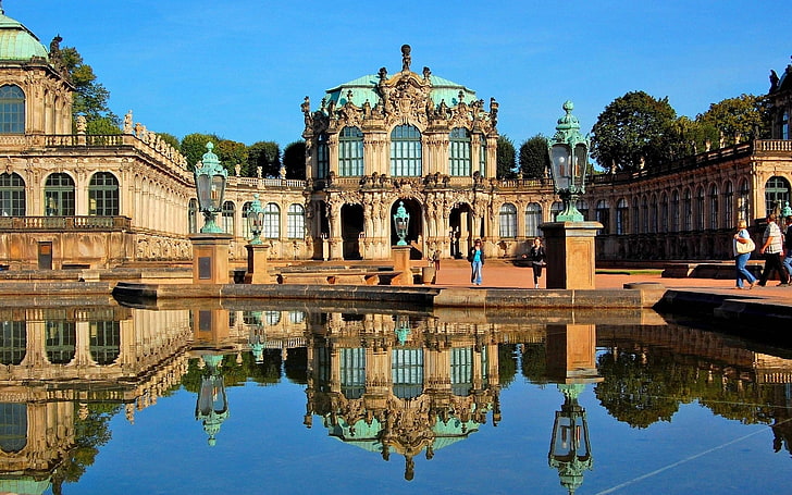 Dresden Zwinger Palace, architectural photography of brown and teal building, Cityscapes, , cityscape, germany, HD wallpaper