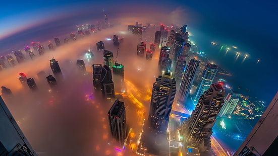 gray high-rise building, aerial shot of city buildings, cityscape, city, mist, skyscraper, Dubai, architecture, building, night, lights, bird's eye view, street, United Arab Emirates, sea, cranes (machine), bay, mountains, aerial view, clouds, HD wallpaper HD wallpaper