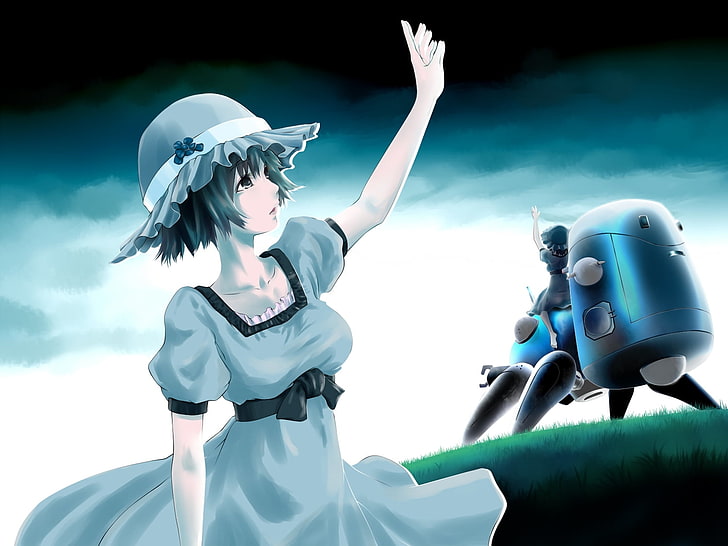 голубоволосая женщина вымышленный персонаж цифровые обои, девушка, шляпа, платье, небо, робот, HD обои