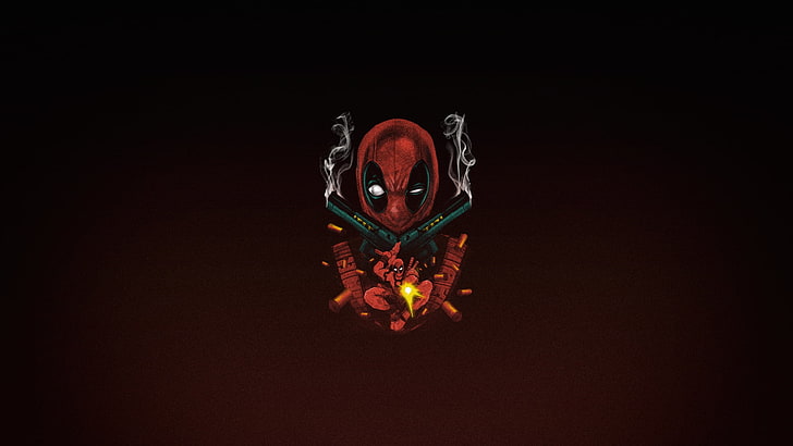Deadpool artwork, Deadpool, мерс с ртом, простой фон, пистолет, красный фон, простой, HD обои