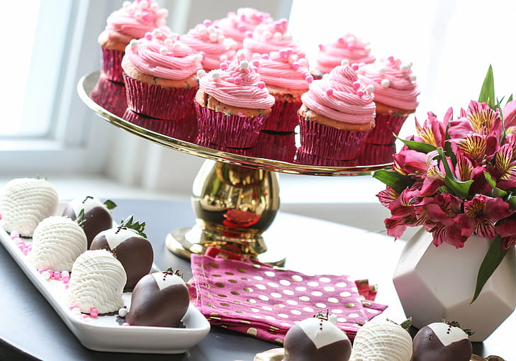 pink cupcakes in brass metal tray, strawberries, shari, strawberries, shari, gold, dish, next, Wedding dress, tuxedo, strawberries, Shari's, Berries, white, ceramic, tray, vase of flowers, pink cupcakes, brass, metal, Oscars, Academy  Awards, show, sprinkles, cupcake, confetti, pink  white, white  chocolate, coating, dipped, strawberry, dress, wedding, fancy, treat, sweet, snack, dessert, party, cake, food, sweet Food, gourmet, pink Color, icing, bakery, baked, cream, decoration, birthday, pastry, celebration, HD wallpaper