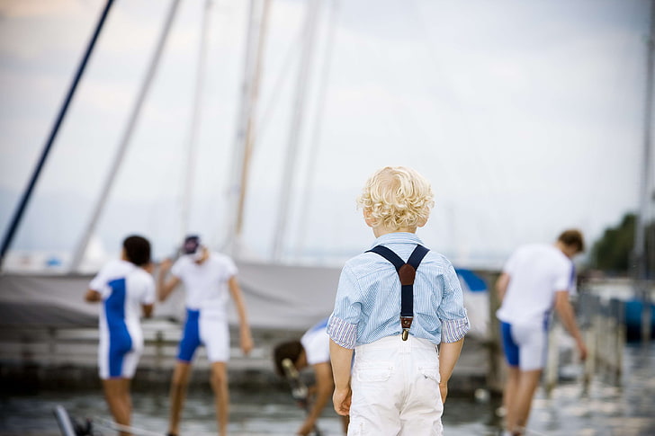 blond, boot, boy, child, curiosity, curious, excited, fun, hobby, human, lake, leisure, move, pier, port, rower, rowing boat, sail, sailing boat, sailing school, sailor, sea, ship, sky, sport, water, water sports, HD wallpaper