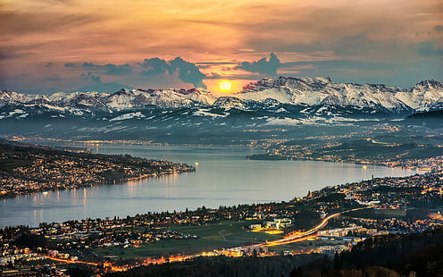 аэрофотосъемка горы с водоемом, вид на солнце на горы, природа, пейзаж, панорамы, озеро, Цюрих, Швейцария, городской пейзаж, горы, снежная вершина, небо, облака, огни, HD обои HD wallpaper