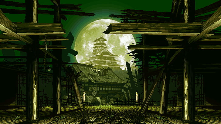 temple with full moon digital wallpaper, digital art, pixel art, artwork, fantasy art, Moon, Japan, pixels, HD wallpaper