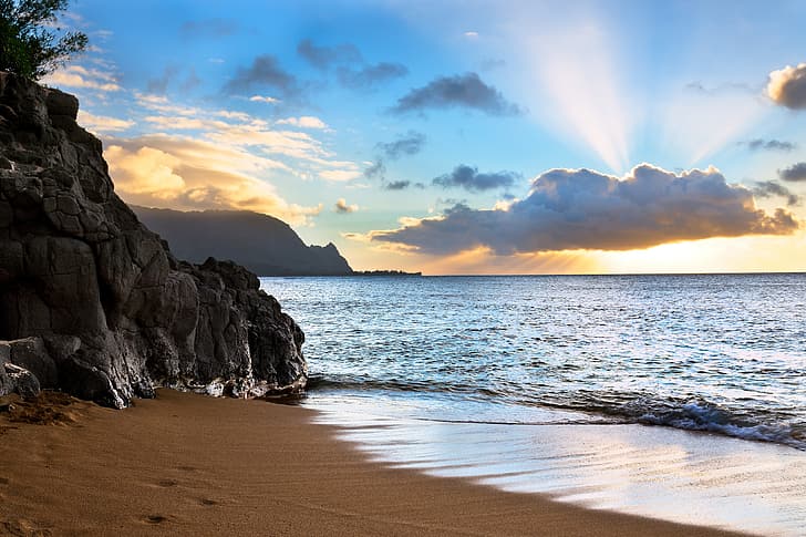 the ocean, rocks, coast, Hawaii, Kauai, HD wallpaper