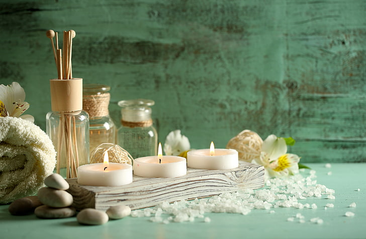 white tealight candles, stones, oil, towel, candles, Spa, salt, HD wallpaper