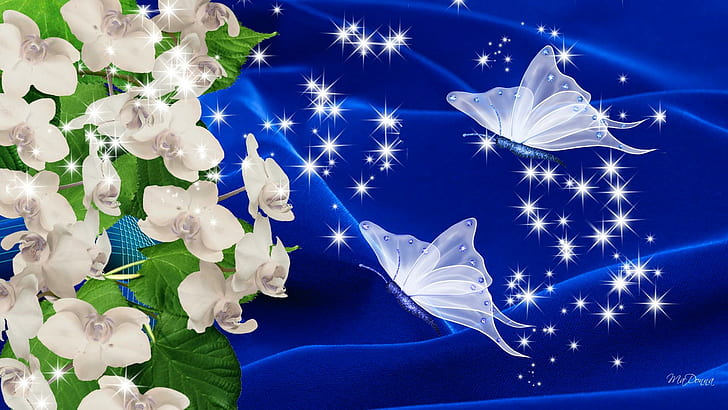 Orquídeas de mariposas de seda sobre terciopelo azul, delicadas, mariposas de seda, orquídeas, estrellas, terciopelo azul, elegantes, flores, 3d y abstracto, Fondo de pantalla HD