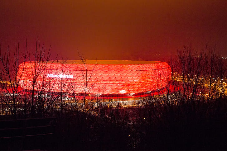 krajobraz, noc, światła, Niemcy, Monachium, stadion, Allianz Arena, Tapety HD