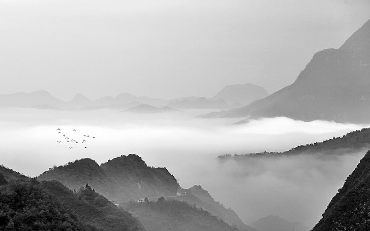 Китайские чернила пейзаж джунгли пейзаж туман, HD обои