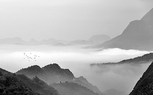 Tinta chinesa paisagem selva paisagem nevoeiro, HD papel de parede HD wallpaper
