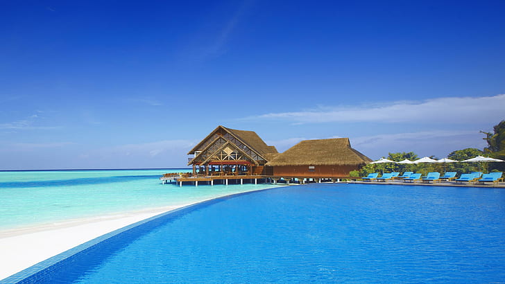 Paradisian houses, brown beach floating resort, landscape, beach, waterpool, sand, sea, house, HD wallpaper