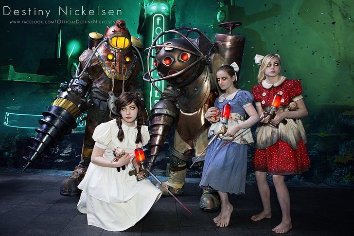 Fond d'écran Destiny Nickelsen, BioShock, Big Daddy, Little Sister, cosplay, jeux vidéo, filigrané, Fond d'écran HD