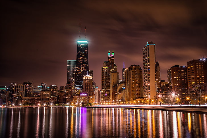 city, reflection, skyscraper, city lights, water, Chicago, HD wallpaper
