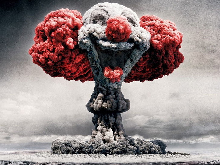 grey and red clown smoke figure, mushroom clouds, clowns, Alex, HD wallpaper