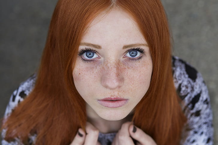 redhead, freckles, women, face, blue eyes, HD wallpaper