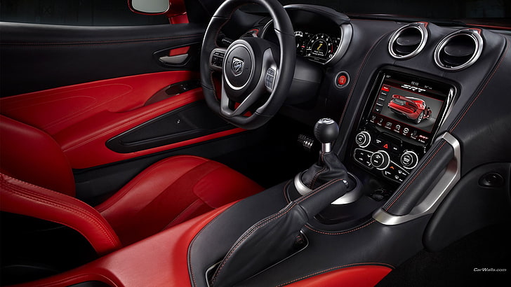 czarna kierownica, czarno-czerwona konsola środkowa samochodu, Dodge Viper, drążek zmiany biegów, Dodge, wnętrze samochodu, pojazd, samochód, Tapety HD