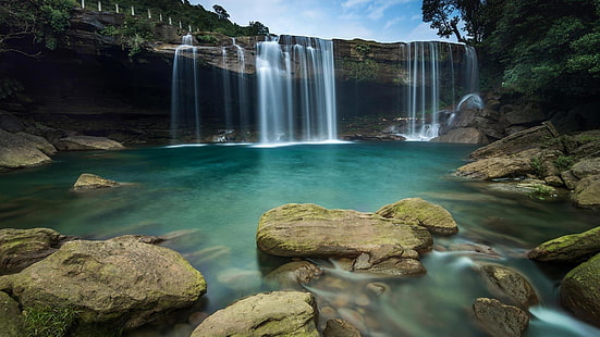 vattenfall, krang suri falls, indien, asien, jaintia kullar, stenar, fantastiskt, HD tapet HD wallpaper