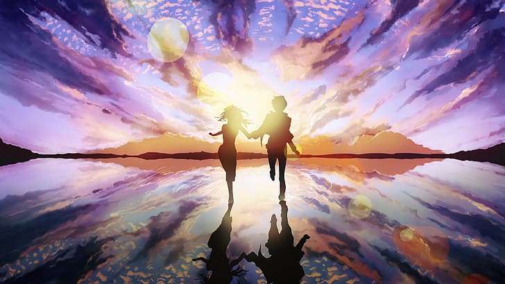 girl, the sun, love, art, pair, guy, the ripples on the water, two, couple, run, holding hands, HD wallpaper
