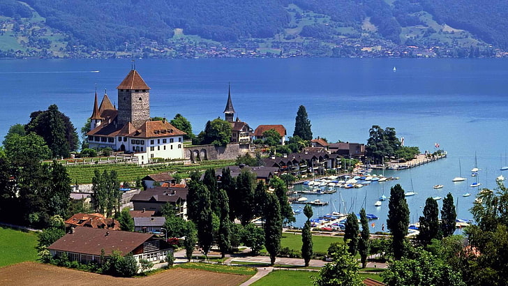 braunes und weißes Schloss, die Schweiz, Stadt, Höhe, Fluss, Gebäude, HD-Hintergrundbild