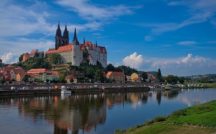 river, castle, building, home, Germany, promenade, Saxony, Maysen, Elbe River, Albrechtsburg Castle, Meissen, The Elbe River, HD wallpaper