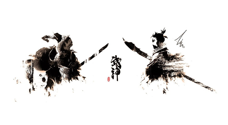 Samurai Ink-Splatter, Aero, White, samurai, ninja, slåss, japan, inkksplatter, abstrakt, vapen, dojo, gammal, konst, spel, katana, naginata, HD tapet