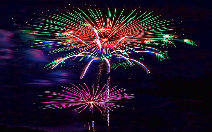 Fire Works Celebration_5, fuochi d'artificio verde rosso e viola, fuochi d'artificio, goditi, colorato, scintillante, affascinante, sorprendente, celebrazione, bello, 3d e astratto, Sfondo HD