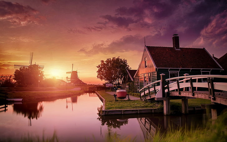 ilustrasi jembatan dan rumah, alam, lanskap, Belanda, matahari terbenam, kincir angin, kanal, jembatan, air, rumah, awan, Zaanse Schans, Wallpaper HD